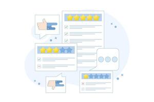 Customer Review Concept, Satisfaction, Feedback. Analysis of customer comments with various experiences. Efforts to improve product service ratings, surveys, reviews, opinions. Simple illustration. vector