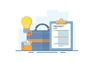 Project document concept, task document paper or project status report, work completion plan, leather executive briefcase near light bulb, file folder idea, paper project summary. design illustration. vector