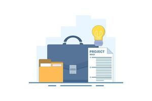 Project document concept, task document paper or project status report, work completion plan, leather executive briefcase near light bulb, file folder idea, paper project summary. flat illustration. vector
