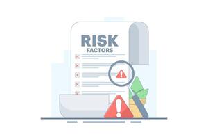 Risk Factor Analysis Concept Design, Document with Magnifying Glass and Warning Sign. Document shows business risk. Risk management, business mistakes, strategy and planning. flat design. vector