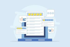 Customer Review Concept, Satisfaction, Feedback. Analysis of customer comments with different experiences. Efforts to improve product service ratings, surveys, reviews, opinions. Flat illustration. vector