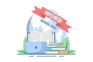 world book day concept. fond of reading books. illustration of stack of books, leaves. knowledge and hobby. happy reader reading book with flat style design. element. flat design illustration. vector