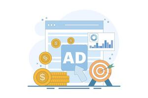 pay per click concept. online advertising where advertisers pay each time their ads are clicked. click to earn money. computer monitor with cursor, coins and debit card. simple illustration. vector