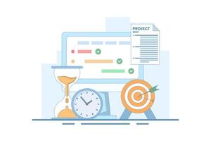 Project management concept, compiling program checklist on laptop monitor screen near target paper hourglass project summary. checking tasks completed within project management time. cartoon design. vector