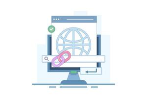 secure link concept. secure website address. user security in accessing website. surfing the internet safely. browsing. chain symbol and search bar. flat cartoon design illustration in background. vector