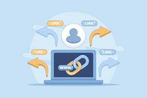 share link concept. send and spread link to others or friends. user security in accessing link, marketing, address, information, customers. account symbol and share link. flat cartoon design. vector