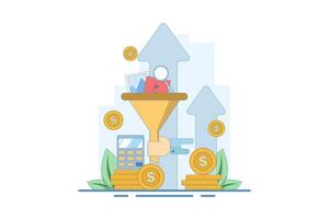 Digital marketing funnel, lead generation, Conversion optimization, Increase engagement, collect leads and improve social media online marketing strategy. Flat line design with icons. vector