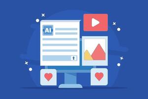 AI Generator Website Concept, tool, Artificial intelligence that creates text, and image content. AI content generator. flat simple cartoon design illustration on background. vector