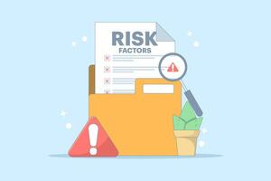 Risk Factor Analysis Concept Design, Document with Magnifying Glass and Warning Sign. Document shows business risks. Risk management, business mistakes, strategy and planning. Illustration. vector