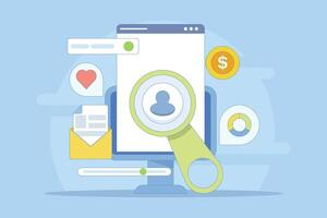 Digital Ad Targeting Concept, Ad campaign targeting a specific audience, Audience demographics in ad campaigns, Social media targeting, flat minimalist cartoon design in the background. vector
