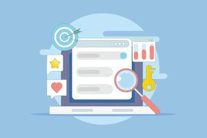 Keyword research concept, keyword targeting, SEO keyword optimization, keyword analysis tool. Search engine marketing with keyword grouping strategy. Cartoon design illustration on background. vector