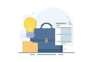 Project document concept, task document paper or project status report, work completion plan, leather executive briefcase near light bulb, file folder idea, paper project summary. cartoon illustration vector