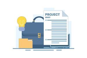 Project document concept, task document paper or project status report, work completion plan, leather executive briefcase near light bulb, file folder idea, paper project summary. flat design. vector