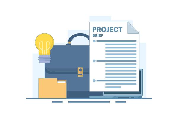 Project document concept, task document paper or project status report, work completion plan, leather executive briefcase near light bulb, file folder idea, paper project summary. flat design.