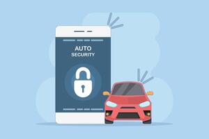 Car security system concept. car alarm. Car alarm application on the phone screen. Protection inclusion via smartphone. Flat style illustration on the background. vector