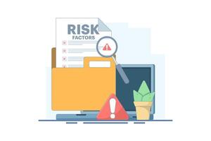 Risk Factor Analysis Concept Design, Document with Magnifying Glass and Warning Sign. Document shows business risk. Risk management, business mistakes, strategy and planning. Cartoon illustration. vector