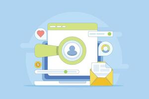 Digital Ad Targeting Concept, Ad campaigns targeting a specific audience, Audience demographics in ad campaigns, Social media targeting, Flat design illustration in background. vector
