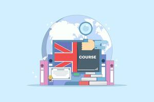 Concept of online English education courses, e-learning and distance learning, foreign language lessons education on the internet, digital marketing. Cartoon design illustration in the background. vector