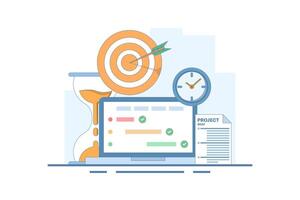 Project management concept, compiling program checklist on laptop monitor screen near target paper hourglass project summary. checking completed tasks within project management time. flat cartoon. vector