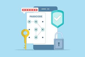 Lock screen concept set input passcode on smart phone screen with password protection padlock. Data protection, internet security and cyber security. Simple flat cartoon illustration on background. vector