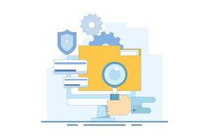 File manager concept. Manage, edit, search and organize files. Document security and protection technology. Folder, shield, magnifying glass, gear. Graphic design illustration. vector