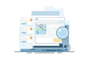 Search engine map concept, Search engine showing business location in search results, Business address in search results. Local map optimization. Analysis showing data. Flat illustration. vector