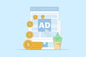 pay per click concept. online advertising where advertisers pay each time their ads are clicked. click to earn money. computer monitor with cursor, coins and debit card. cartoon illustration. vector