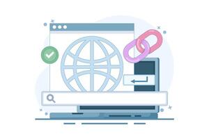 secure link concept. secure website address. user security in accessing website. surfing the internet safely. browsing. chain symbol and search bar. flat cartoon illustration in background. vector