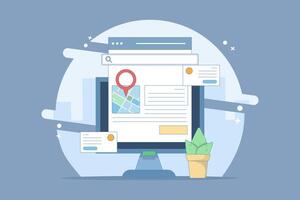 Search engine map concept, Search engine showing business location in search results, Business address in search results. Local map optimization. Analysis showing data. Simple illustration. vector