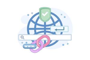 secure link concept. secure website address. user security in accessing website. surfing the internet safely. browsing. chain symbol and search bar. flat design illustration in background. vector