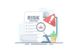 Risk Factor Analysis Concept Design, Document with Magnifying Glass and Warning Sign. Document shows business risk. Risk management, business mistakes, strategy and planning. Simple illustration. vector