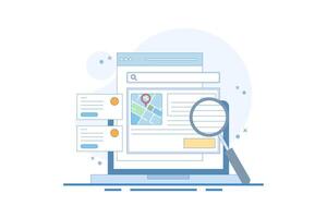 Search engine map concept, Search engine showing business location in search results, Business address in search results. Local map optimization. Analysis showing data. Design illustration. vector