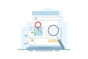 Search engine map concept, Search engine showing business location in search results, Business address in search results. Local map optimization. Analysis showing data. Cartoon illustration. vector