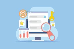 Keyword research concept, keyword targeting, SEO keyword optimization, keyword analysis tool. Search engine marketing with keyword grouping strategy. Flat illustration on background. vector