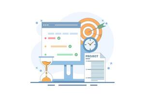 Project management concept, compiling program checklist on laptop monitor screen near target paper hourglass project summary. checking tasks completed within project management time. vector
