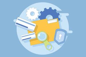 File manager concept. Manage, edit, search and organize files. Document security and protection technology. Folder, shield, magnifying glass, gears. Flat cartoon illustration on background. vector