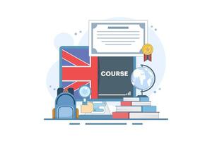 Concept of online English education courses, e-learning and distance learning, foreign language lessons education on the internet, digital marketing. Flat illustration on the background. vector