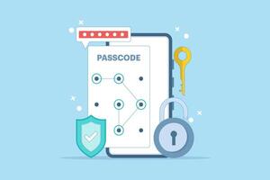 Lock screen concept set input passcode on smartphone screen with password protection padlock. Data protection, internet security and cyber security. Simple flat design illustration on background. vector