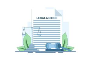 Legal Notice Concept. Legal Notice Document with Judge's Hammer. Corporate document, agreement review, data protection metaphor. Simple Flat Cartoon Design Illustration on Background. vector
