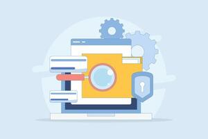 File manager concept. Manage, edit, search and organize files. Document security and protection technology. Folder, shield, magnifier, gear. Flat design illustration. vector