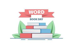 world book day concept. fond of reading books. illustration of stack of books, leaves. knowledge and hobby. happy reader reading book with flat style design. element. simple design illustration. vector