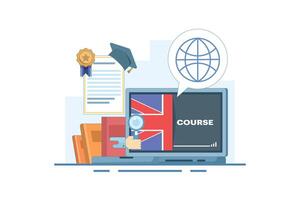 Concept of online English education courses, e-learning and distance learning, foreign language lessons education on the internet, digital marketing. Flat cartoon design illustration on the background vector