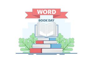 world book day concept. fond of reading books. illustration of stack of books, leaves. knowledge and hobby. happy reader reading book with flat style design. element. design illustration. vector