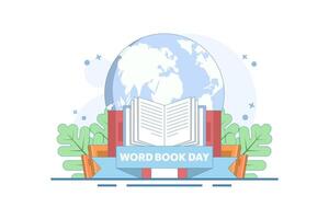 world book day concept. fond of reading books. illustration of stack of books, leaves. knowledge and hobby. happy reader reading book with flat style design. elements. cartoon design illustration. vector