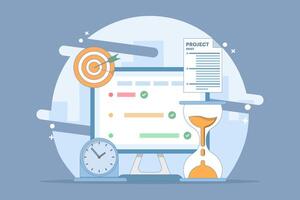 Project management concept, compiling program checklist on laptop monitor screen near target paper hourglass project summary. checking tasks completed within project management time. simple design. vector