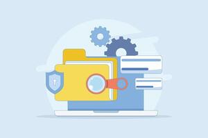 File manager concept. Manage, edit, search and organize files. Document security and protection technology. Folder, shield, magnifying glass, gear. Flat design illustration on background. vector