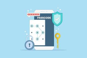Lock screen concept set input passcode on smartphone screen with password protection padlock. Data protection, internet security and cyber security. Flat illustration on background. vector