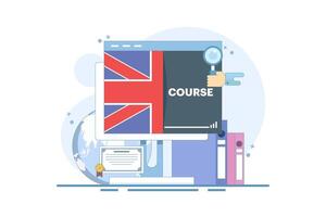 Concept of online English education courses, e-learning and distance learning, foreign language lessons education on the internet, digital marketing. Flat cartoon illustration on the background. vector
