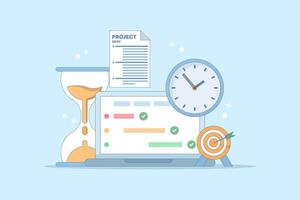 Project management concept, compiling program checklist on laptop monitor screen near target paper hourglass project summary. checking tasks completed within project management time. flat design. vector