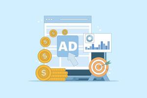 pay per click concept. online advertising where advertisers pay each time their ads are clicked. click to earn money. computer monitor with cursor, coins and debit card. flat illustration. vector